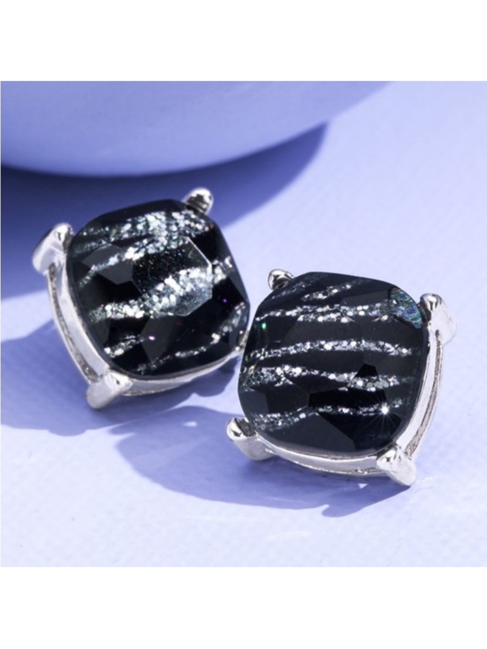 New Zebra Glitter Stripe Glass Black & Silver Stud Earrings